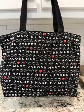 Marc Jacobs Black Logo Pattern Tote with Red Heart Accents